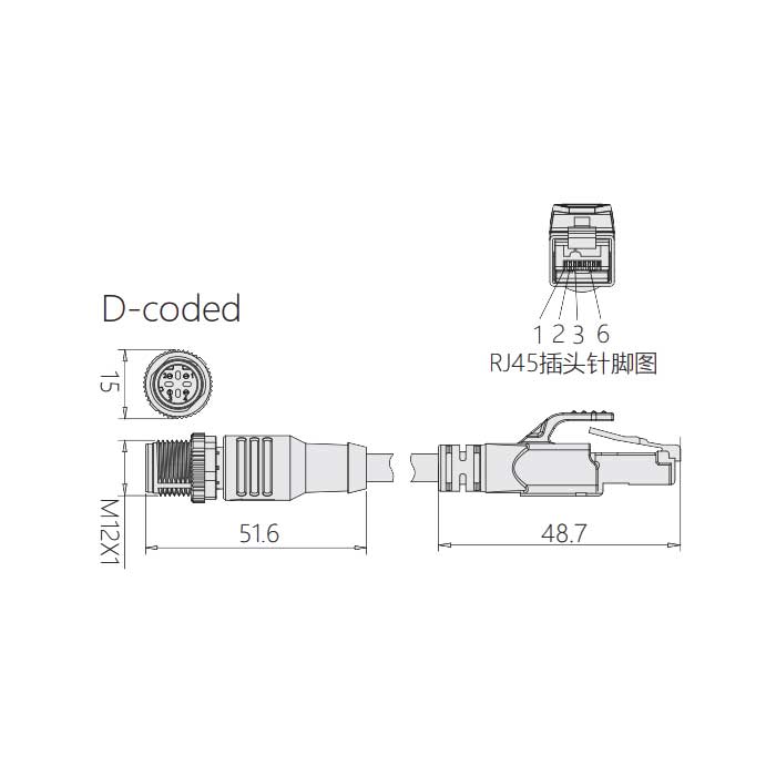 M12 4Pin D-coded、公頭直型轉(zhuǎn)RJ45公頭直型、雙端預(yù)鑄PUR柔性電纜、帶屏蔽、黃色護(hù)套、0C4142-XXX