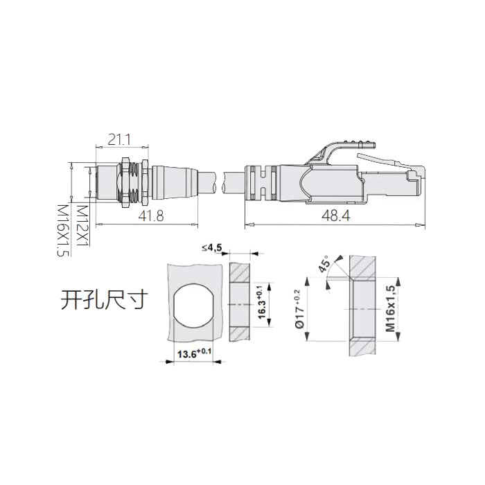 M12 4Pin D-coded、板面法蘭母頭轉(zhuǎn)RJ45公頭直型、雙端預(yù)鑄PVC非柔性電纜、帶屏蔽、黃色護(hù)套、0C4228-XXX